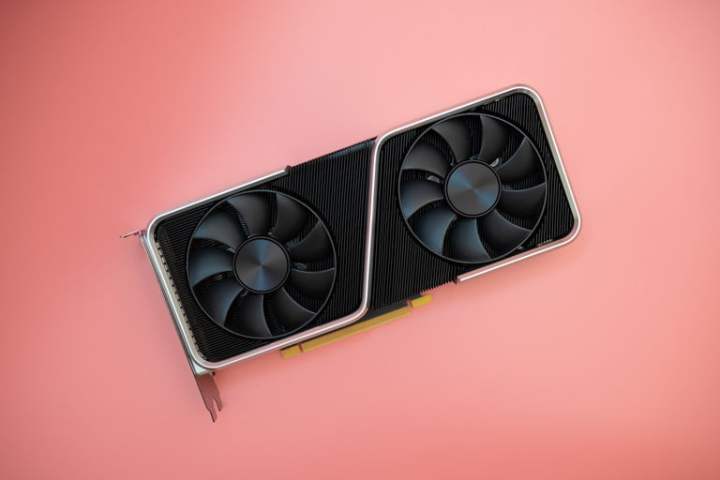 Nvidia RTX 3060 Ti Founders Edition sobre fondo rosa.