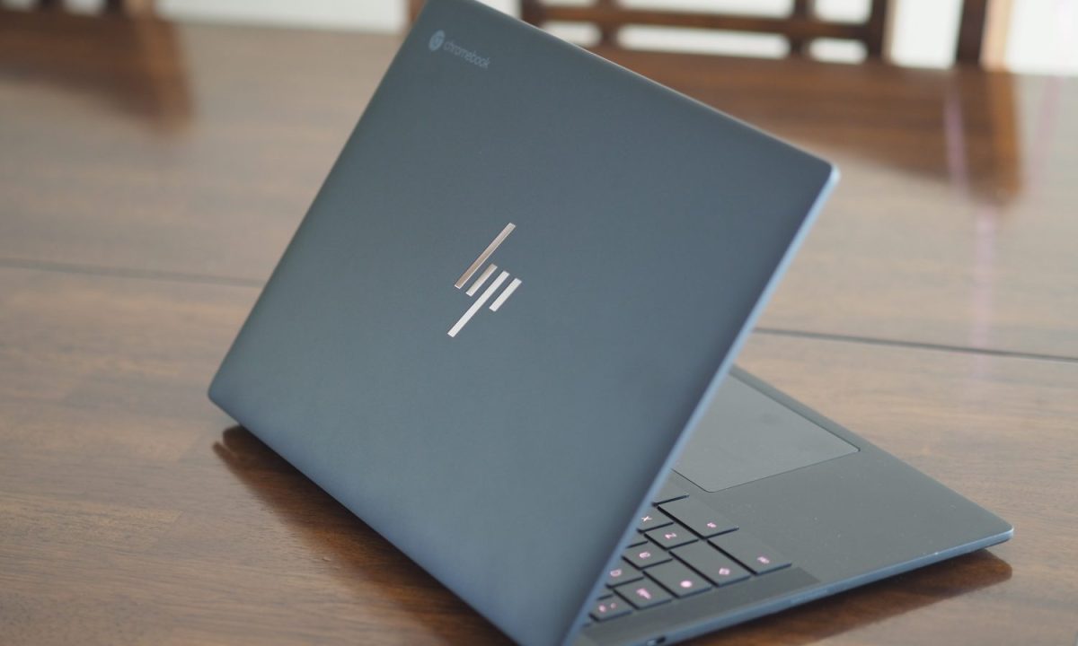 The HP Dragonfly Pro Chromebook rear view showing lid and logo.
