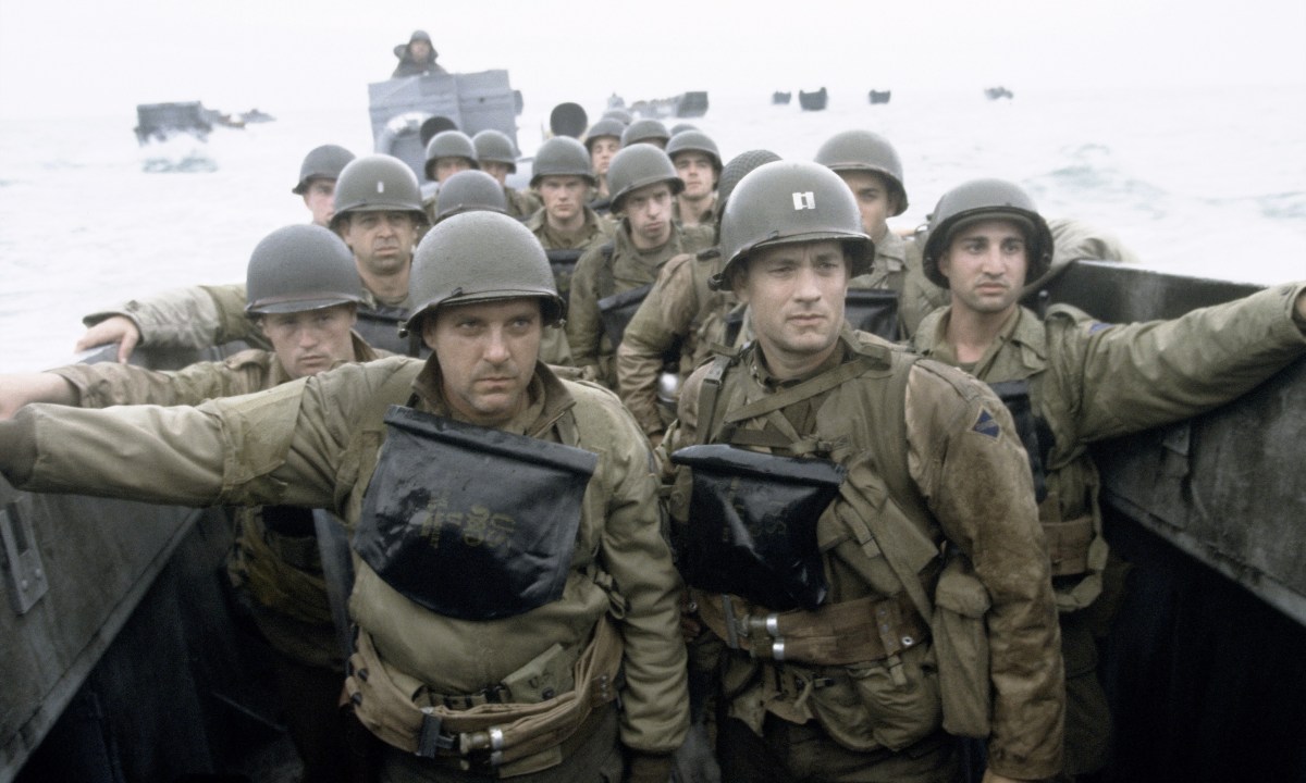 Tom Hanks (center right) and the ensemble of Saving Private Ryan.