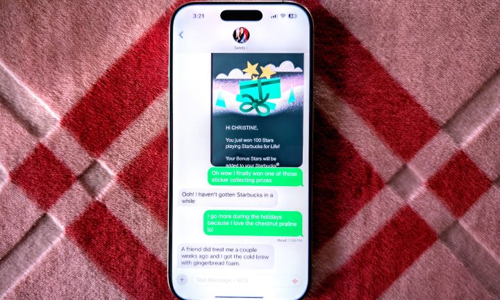 An iPhone 16 Pro showing RCS messaging.