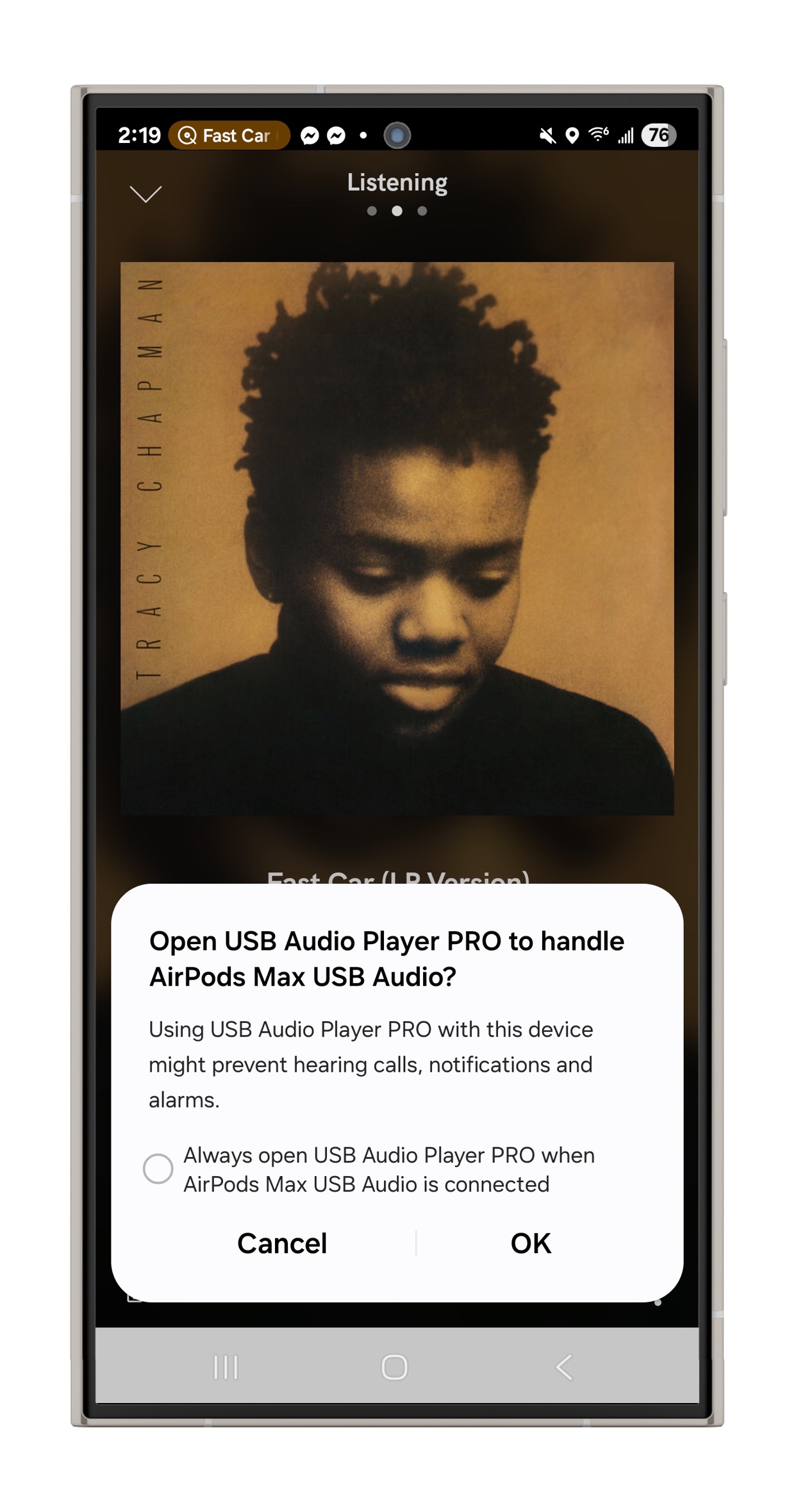 Qobuz on Android showing dialog box when the USB-C cable is connected.