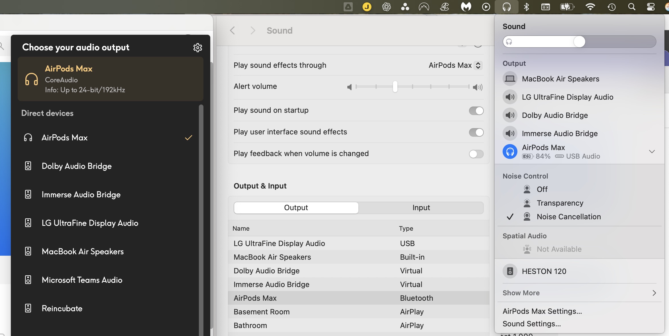 MacOS showing AirPods Max in BT mode and USB Audio mode.
