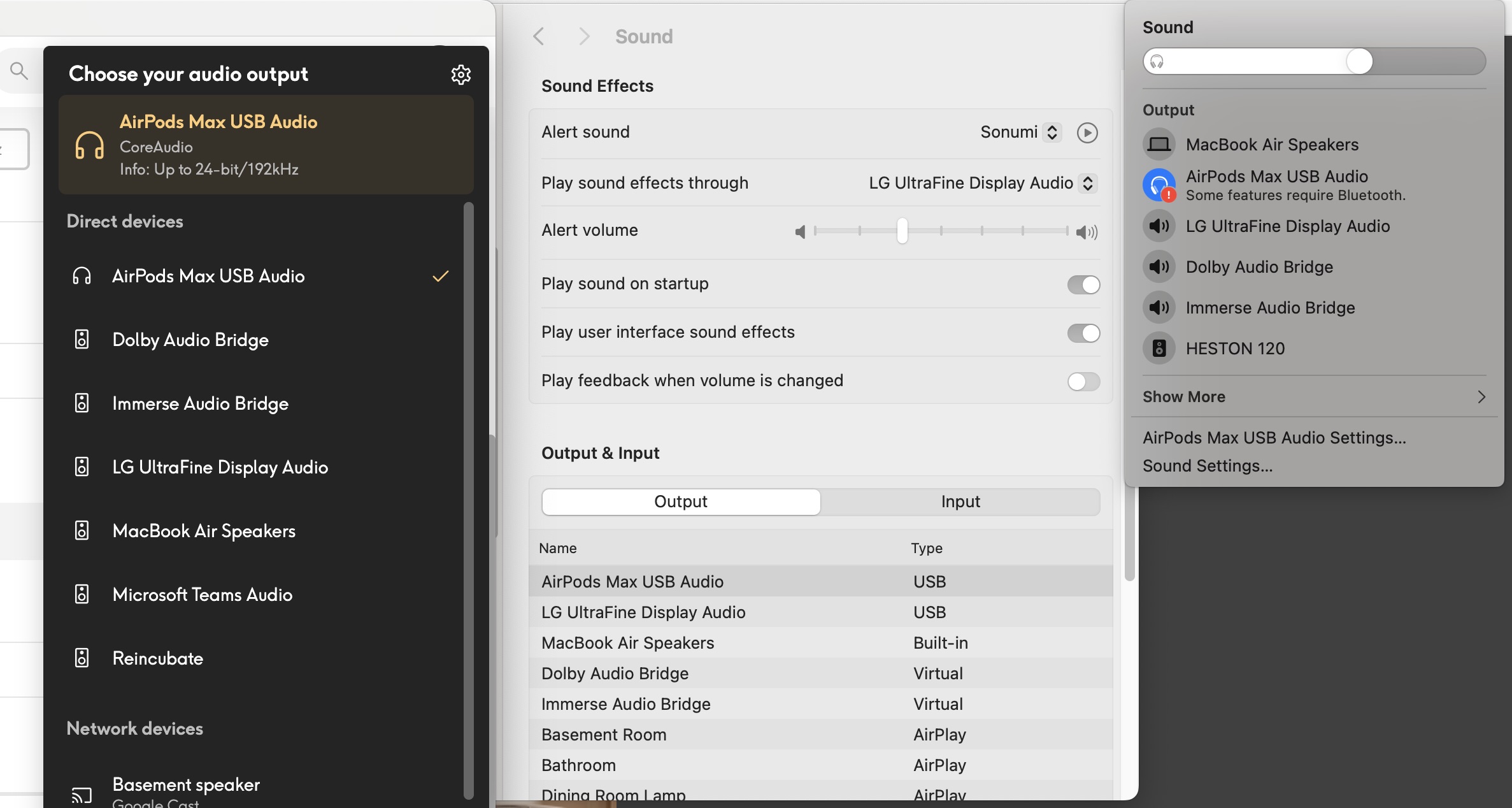MacOS showing AirPods Max in USB Audio mode when Bluetooth is disabled.