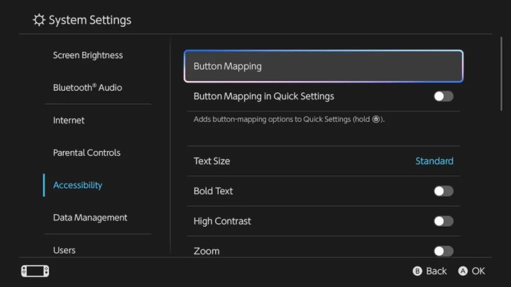 The button mapping menu in Switch 2.