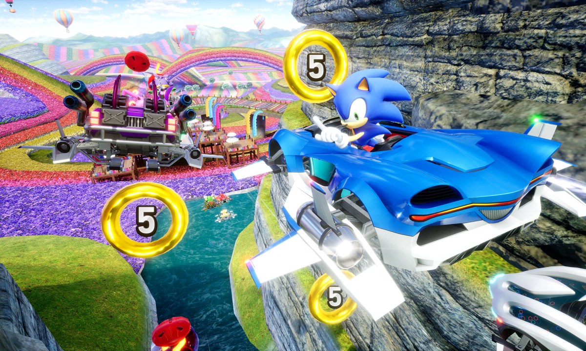 Sonic flies through the air in Sonic Racing: Crossworlds.